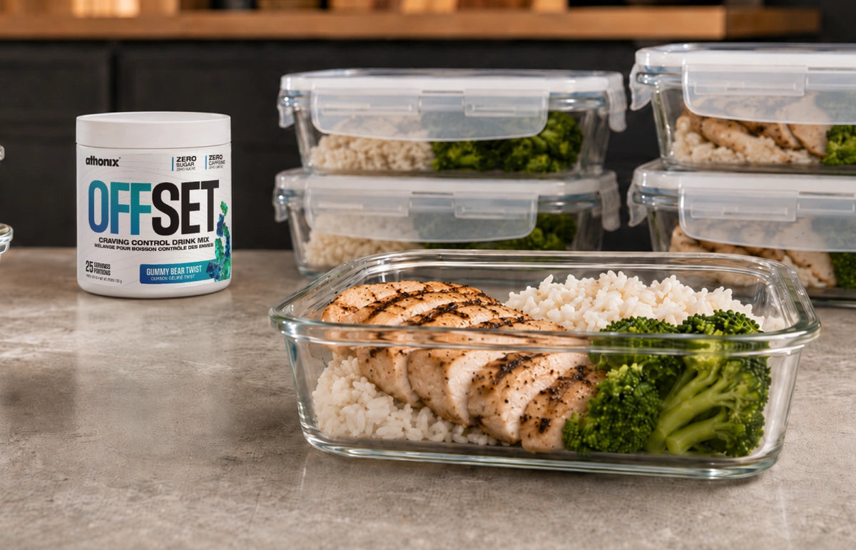 Meal prep containers beside Athonix OFFSET Gummy Bear Twist in a kitchen