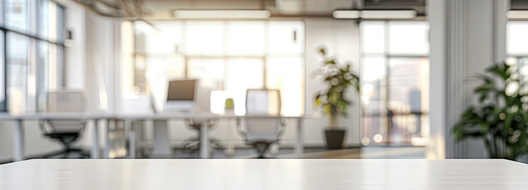 Open office workspace with desks and natural light
