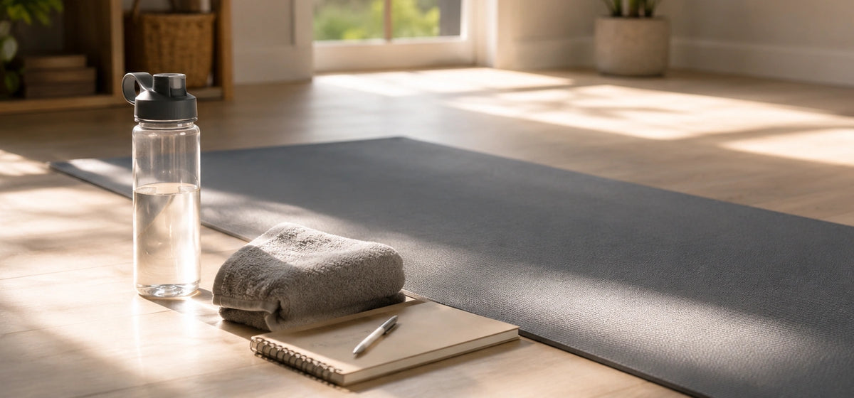 A home workout space with a yoga mat, towel, water bottle, and notebook for mindful routines