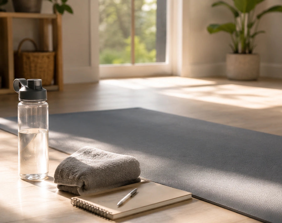A home workout space with a yoga mat, towel, water bottle, and notebook for mindful routines