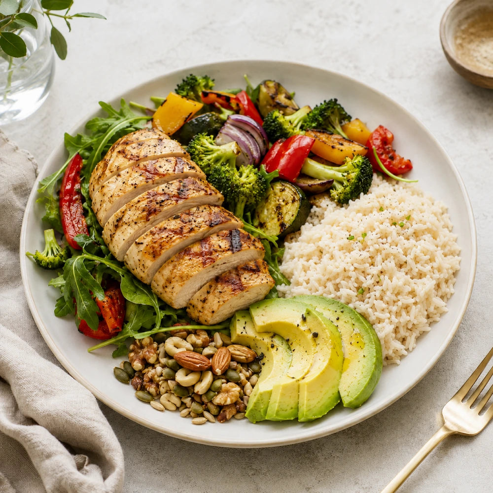 a healthy plated meal with a balanced amount of protein, carbohydrates, and healthy fats