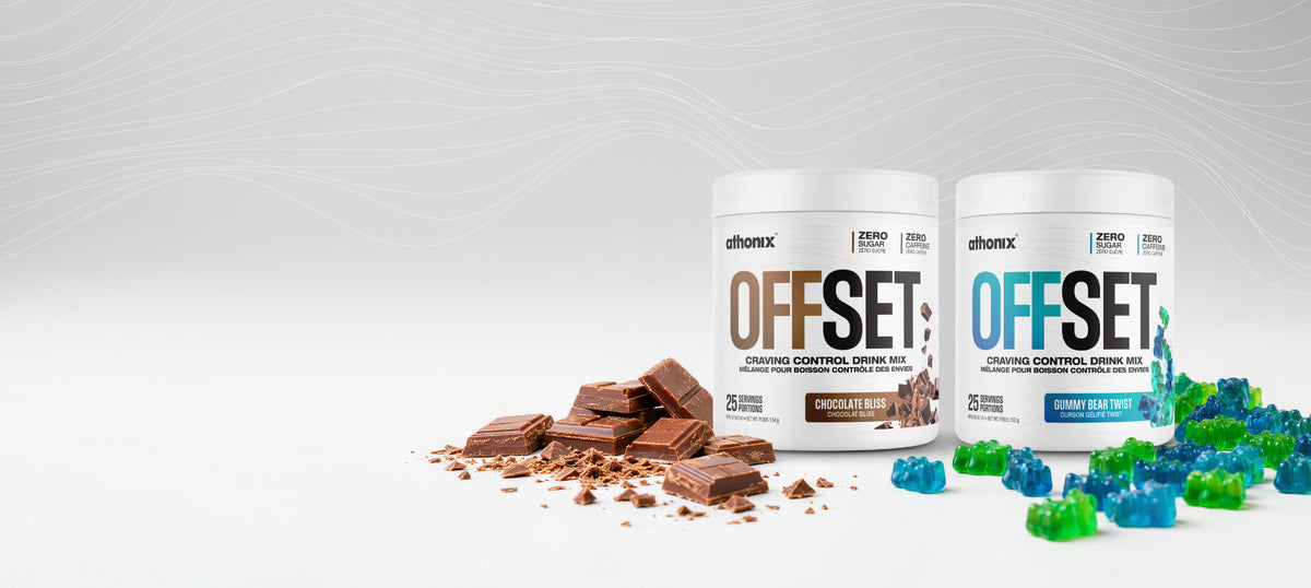 Athonix OFFSET Chocolate Bliss and Gummy Bear Twist craving control drink mix bottles