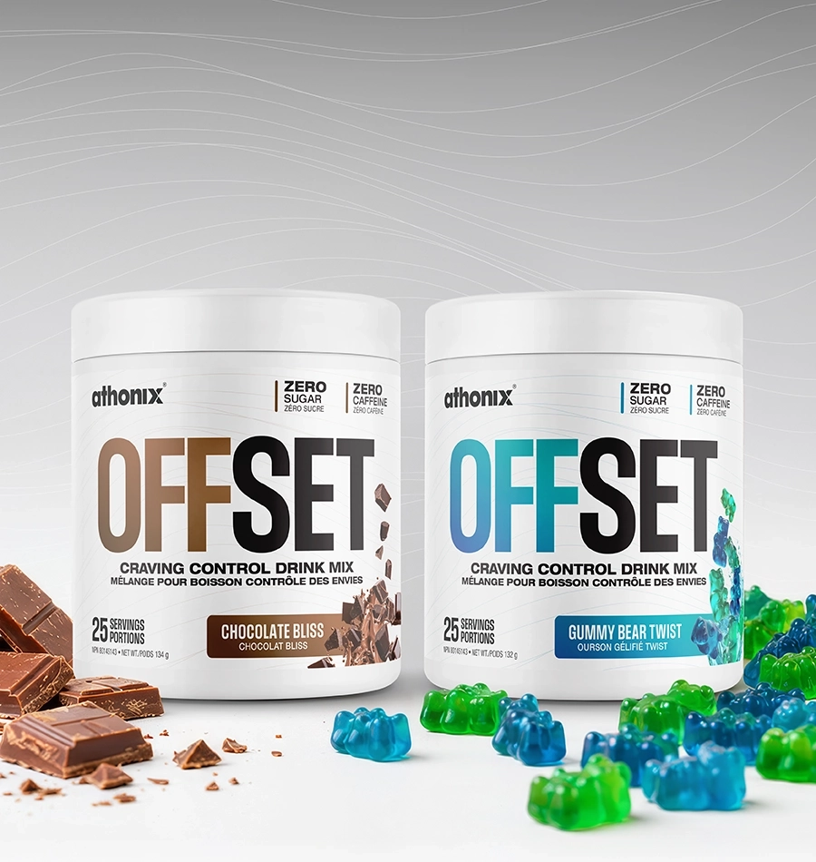 Athonix OFFSET Chocolate Bliss and Gummy Bear Twist craving control drink mix bottles