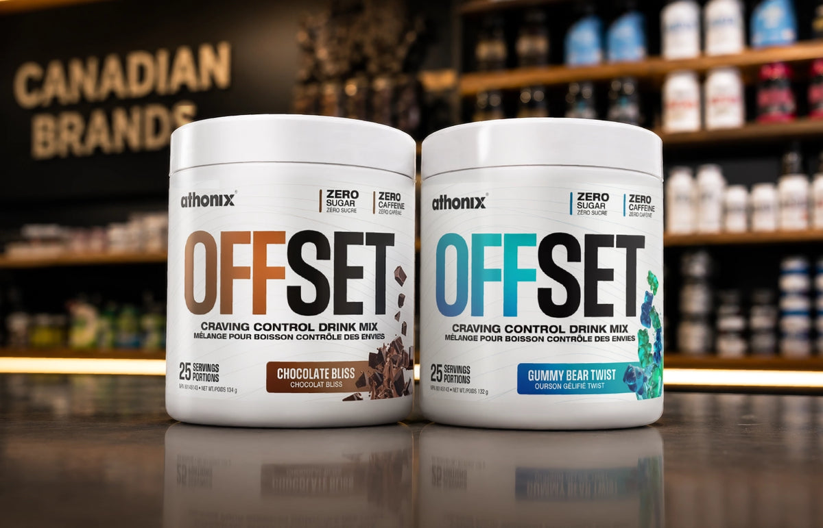 Athonix OFFSET Chocolate Bliss and Gummy Bear Twist bottles on a retail counter