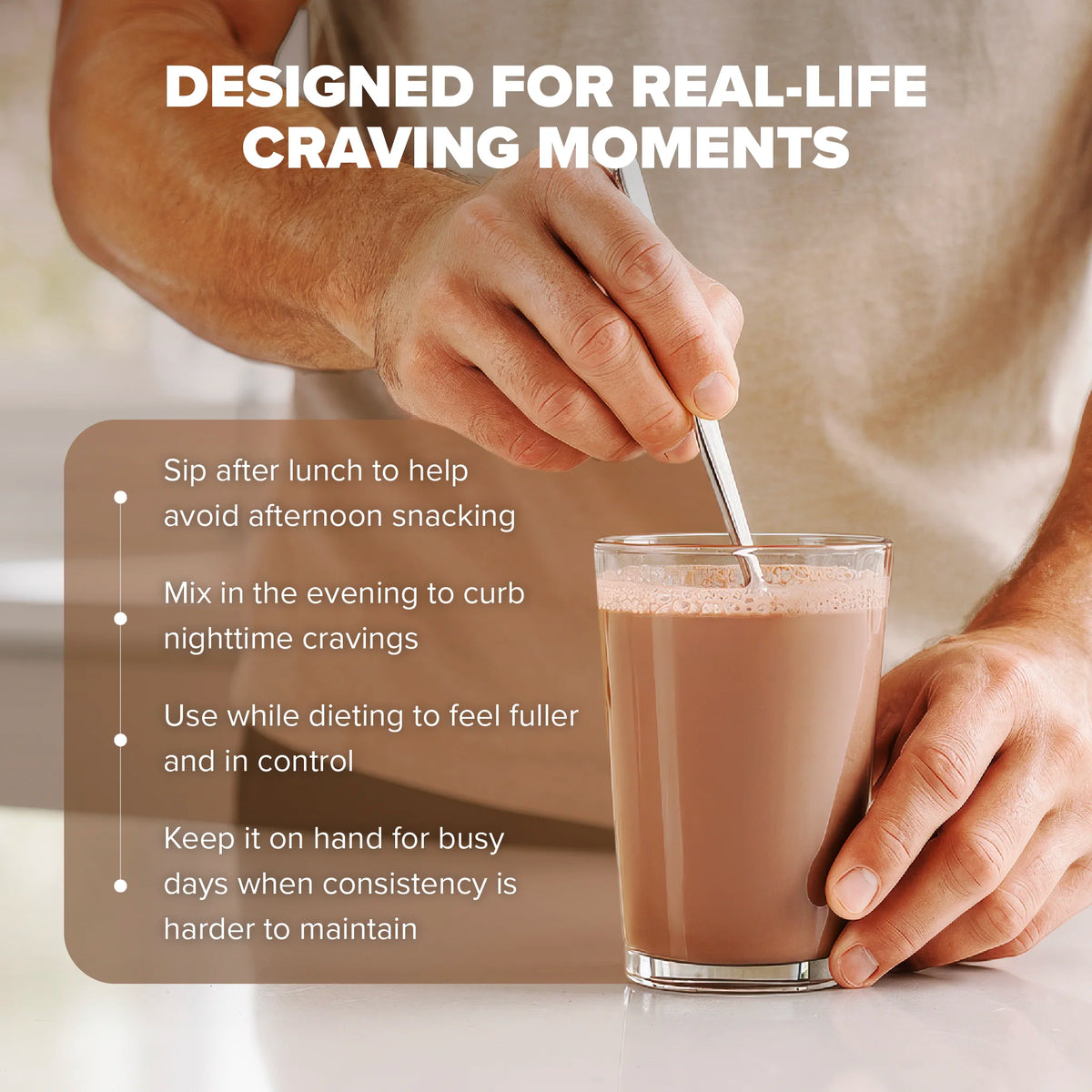 Athonix OFFSET Chocolate Bliss being mixed in a clear glass highlighting real-life use moments