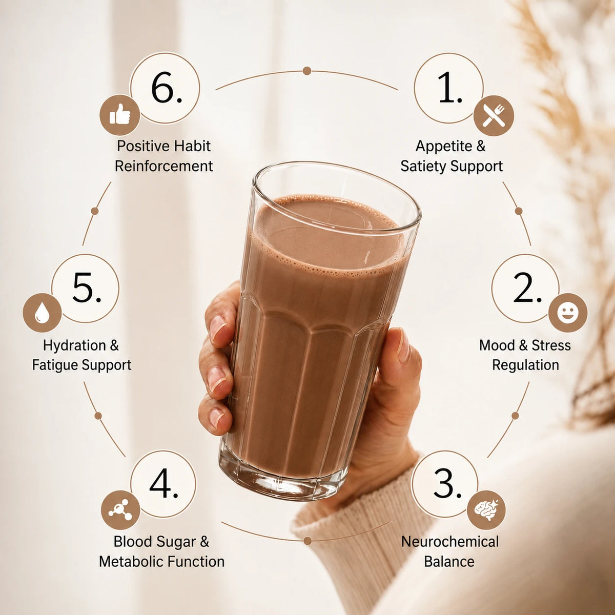 Athonix OFFSET's 6 mechanisms of craving control circle a glass of Chocolate Bliss