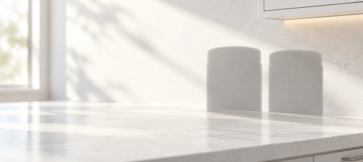 A close-up of a white marble kitchen countertop with soft sunlight and shadows of two supplement powder tubs